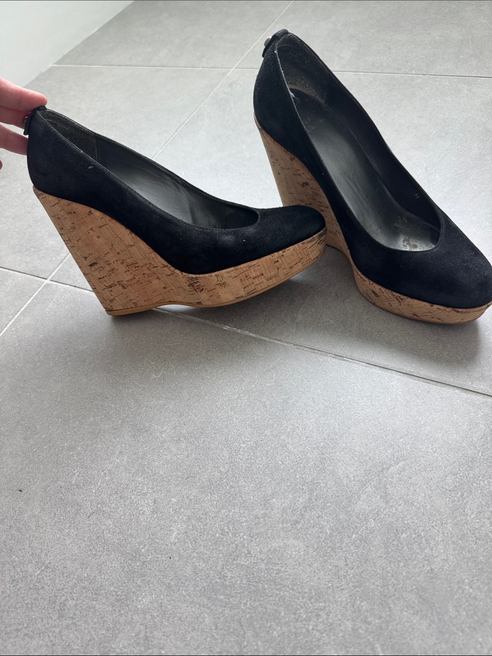 Stuart Weitzman Black Suede Cork Wedge Platforms